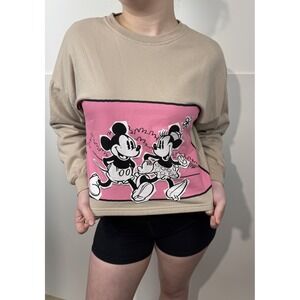 Disney Mickey & Minnie‎ Mouse Sweatshirt Women's XS Beige Pink Cropped Pullover